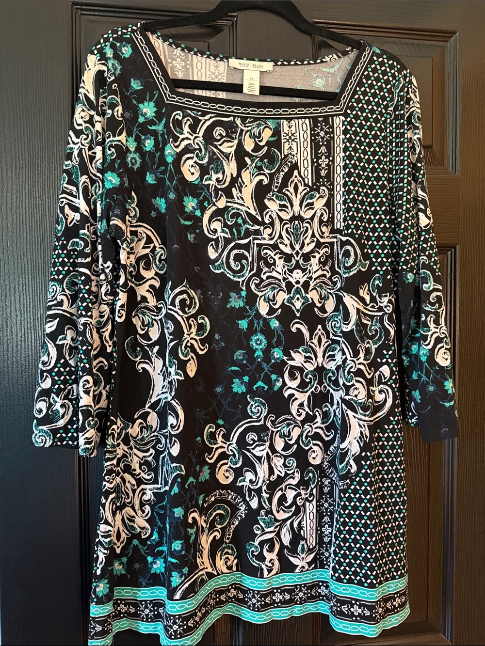 White House Black Market Black Teal & Cream Printed Long Sleeve Tunic Dress